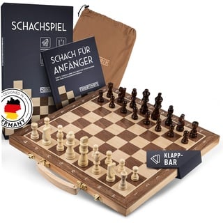 FALKENWERK Magnetisches Schachspiel Holz [38x38 cm] - Handgefertigtes Schachbrett aus Echtholz - Hochwertiges Schach Brett inkl. Anleitung & Tipps - Klappbares Chess Board mit Tragegriff