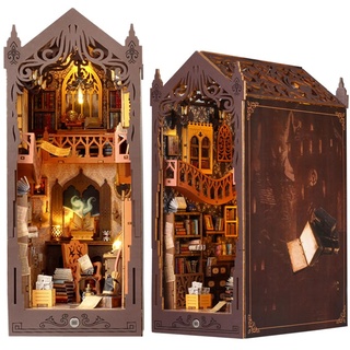 TOPBSFARNY Book Nook Puppenhaus-Miniatur-Set, Bücherregal-Einsatz-Dekor, 3D-Holzpuzzle-Buchecke, Miniatur-Set mit LED-Licht für kreative Buchstützen