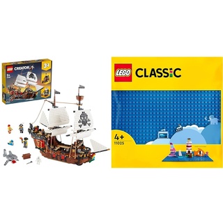 LEGO 31109 Creator 3-in-1 Piratenschiff Set & 11025 Classic Blaue Bauplatte, quadratische Grundplatte mit 32x32 Noppen als Basis Sets, Konstruktionsspielzeug für Kinder