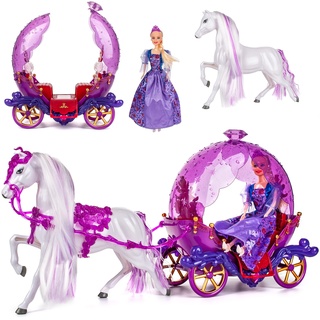 Puppen Kutsche mit Pferd & Puppe - lila passend für Barbie Puppen - Steffi Love - LOL Surprise Spielzeug Puppe - Prinzessin Pferdekutsche - Märchenkutsche..
