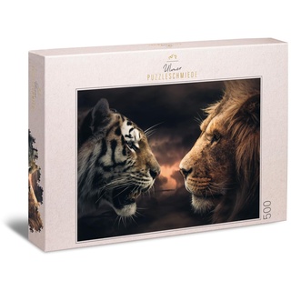 Ulmer Puzzleschmiede - Puzzle „Rumble in The Jungle“ - Eindrucksvolles 500 Teile Puzzle mit Löwe und Tiger - Wer ist König im Reich der Tiere - prächtig inszeniertes Raubkatzen-Puzzle für Erwachsene