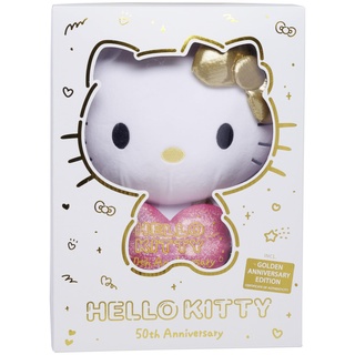 Hello Kitty 50. Jahre, Plüschkatze im Gold-Outfit mit Glitzerherz, in exklusiver Jubiläums-Geschenkbox, 30cm Plüschfigur, ab den ersten Lebensmonaten geeignet