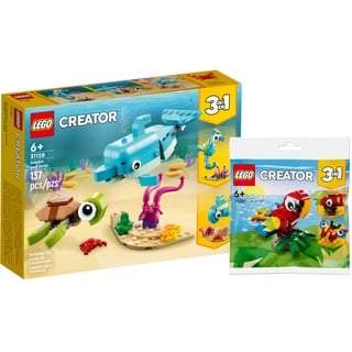 Lego Creator 3-in-1 Set: Delfin und Schildkröte 31128 + Tropischer Papagei 30581 (Polybag)