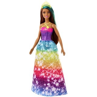 Barbie GJK14 -Dreamtopia Prinzessinnen-Puppe, ca. 30 cm groß, brünett mit türkis gesträhnter Haarpartie, mit Regenbogen-Rock und Diadem, Spielzeug Geschenk für Kinder im Alter von 3–7 Jahren