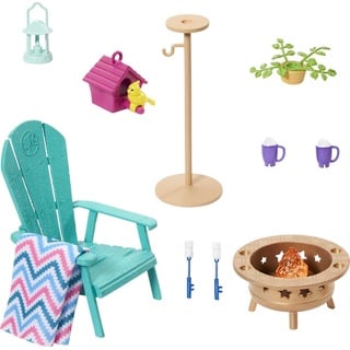 Barbie Möbel- und Zubehör-Set, Barbie Puppenhaus-Dekoration für Garten, Terrasse, Lagerfeuer, Vogelfutterhaus und Nistkästen, Spielzeug und Geschenke für Kinder