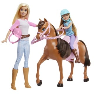 Barbie - Stacie Schwestern auf Pferd Playset mit Pferd und Sattel von 2, mit Reitanzug, Spielzeug und Geschenk für Kinder ab 3 Jahren, GXD65