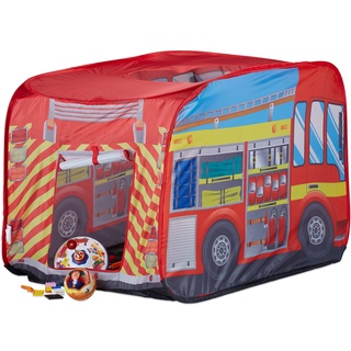 Relaxdays 10022459 Spielzelt Feuerwehr, Pop up Kinderzelt mit Automotiv, für Drinnen und Draußen, 70x110x70 cm, ab 3 Jahre, rot