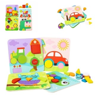 Tooky Toy Steckpuzzle Holzpuzzle 4er Set TL396, 34 Puzzleteile, Holz 3D Formen 34 Puzzleteile ab 18 Monaten bunt