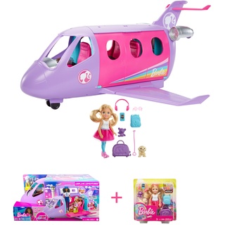 Barbie Bundle Pack - Flugzeug-Abenteuer Spielset (HCD49) + Travel Chelsea Puppe (FWV20) mit Haustierwelpe, Tragetasche und Accessoires, für Kinder ab 3 Jahren