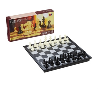 Relaxdays Schachspiel klappbar, magnetisches Schachbrett, 25 x 25 cm, Schach für Reisen und Ausflüge, schwarz/weiß/grau