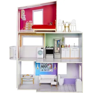 Rainbow High Townhouse - 3-Stöckiges Holzpuppenhaus mit 5 Bunten Zimmern & Terrasse - Komplett Eingerichtetes Haus mit Funktionierendem Lift und Zubehör - Spielzeug für Kinder von 4 bis 12+ Jahren