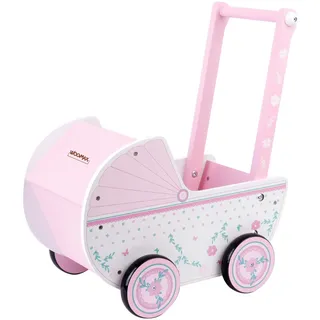 WOOMAX Holz, 26,5 x 39 x 46 cm, rosa und weiß, mit Rollen, für Puppen von 30-40, Kinderwagen für Babys Spielzeug 3 Jahre, Puppenwagen (46475), Kariert, 26.53946 cm