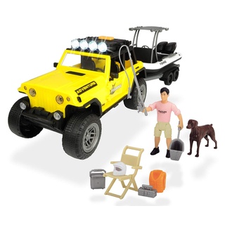 Dickie Toys Playlife-Angler Set, Jeepster Commando Geländewagen, Bootsanhänger mit abnehmbaren Schlauchboot, inkl. Figur und Hund, Licht & Sound, inkl. Batterien, 18- teiliges Set, 41 cm, ab 3 Jahren