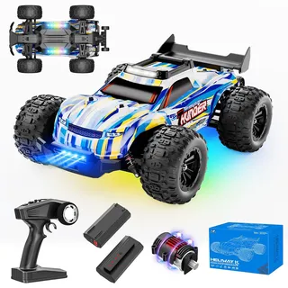 EVARY Ferngesteuertes Auto 1:16 Bürstenloser Motor 60+ km/h, 4WD RC Monstertruck mit Farbiges Licht, 2 Akku, 2.4-GHz All-Terrain Rennauto, Crawler Spielzeug Geschenk für Kinder