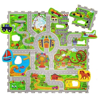 Hakuna Matte Puzzlematte für Babys Urlaub 1,2x1,2m – 16 Puzzlematten mit Straßen und 11 Autos – 20% dickere Spielmatte in einer umweltfreundlichen Verpackung – Schadstofffreie, geruchlose Krabbelmatte