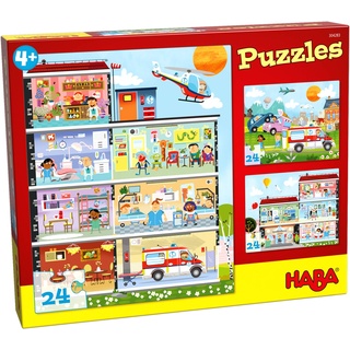 HABA 304283 - Puzzles Kleines Krankenhaus, Puzzle für Kinder ab 4 Jahren, 3 tolle Motive mit je 24 Puzzleteilen in einer Schachtel