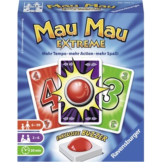Ravensburger 26701 - Mau Mau Extreme, Kartenspiel mit Buzzer, Klassiker für 2-6 Spieler, Ablegespiel für Kinder und Erwachsene ab 6 Jahren