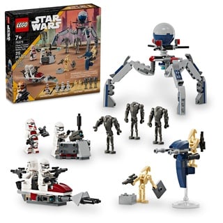 LEGO Star Wars Clone Trooper & Battle Droid Battle Pack Set für Kinder, baubares Spielzeug Speeder Bike Fahrzeug, Tri-Droid und Defensive Post, Sammlerstück, Geschenk für Jungen und Mädchen ab 7