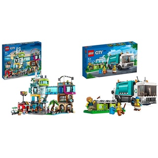 LEGO 60380 City Stadtzentrum Set, Modellbausatz, Spielzeug mit Spielzeugläden & 60386 City Müllabfuhr, Müllwagen Spielzeug mit Mülltonnen