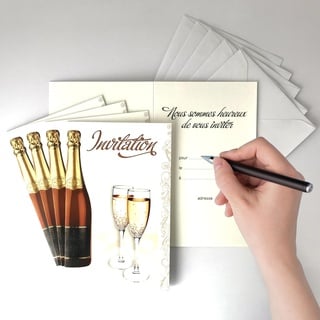 AFIE 5 Einladungskarten Champagner + 5 weiße Umschläge 9 x 14 cm - Text Wir laden Sie gerne ein zum Feiern, Feiern, Toast, Teilen von Glücksblasen, Geburtstagen - IV5031