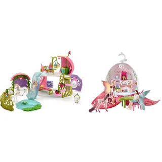 SCHLEICH 42445 Glitzerndes Blütenhaus mit Einhörnern, See und Stall, für Kinder ab 5-12 Jahren, BAYALA - Spielset & 42526 Elfencafé , für Kinder ab 5-12 Jahren, BAYALA - Spielset