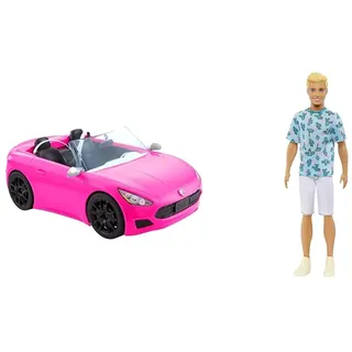 Barbie HBT92 - Cabrio-Fahrzeug, pink mit rollenden Rädern und realistischen Details & Ken Fashionistas Puppe - T-Shirt mit Kaktus- und Palmenaufdruck