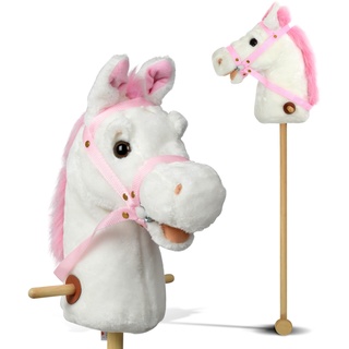 Pink Papaya Steckenpferd, Lilly, süßes Spielzeug Pferd aus Plüsch mit Sound Funktion: Gewieher und Galoppgeräusch - Farbe: weiß mit rosa Mähne