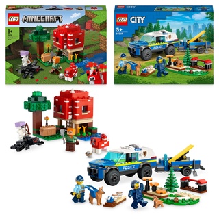 LEGO Tier-Bundle: City Mobiles Polizeihunde-Training (60369) und Minecraft Das Pilzhaus (21179), mit Hund-, Welpen- & Spinnenfiguren, Spielzeug-Polizeiauto, Ostergeschenk für Kinder, Jungen & Mädchen