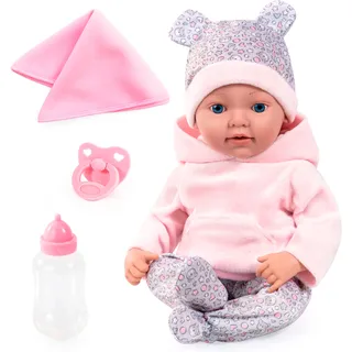 Babypuppe BAYER "Reborn Baby, 38 cm Bärenmuster" Puppen rosa (rosa/grau) Kinder