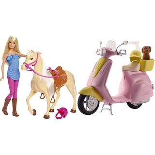 Barbie FXH13 - Pferd mit Mähne und Puppe mit beweglichen Knien, Puppen Spielzeug und Puppenzubehör ab 3 Jahren & FRP56 Motorroller, pink