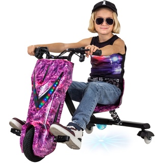 Elektro-Drift-Trike für Kinder, Drift-Scooter, bis zu 15km/h, drosselbar, Hupe, LED-Driftrollen 360° (Space Purple)