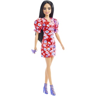 Barbie HBV11 - Fashionistas-Puppe mit langen, schwarzen Haaren & Blumenkleid mit gerüschten Ärmeln, violetten Riemchensandalen, Schmetterlingsring, Puppen Spielzeug für Kinder von 3 bis 8 Jahren
