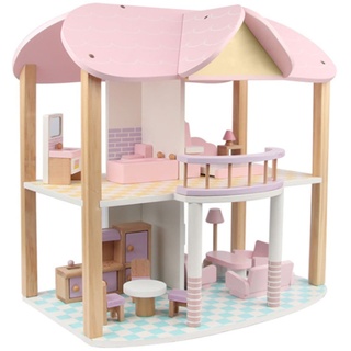 Coemo Puppenhaus Sandy komplett möbliert Puppenstube 2 Etagen Miniaturhaus Holz mit Einrichtung