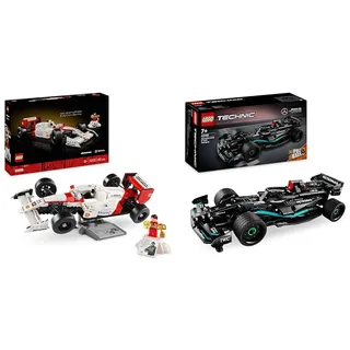 LEGO Icons McLaren MP4/4 & Ayrton Senna Modellauto Set, F1 Rennwagen Bausatz & Technic Mercedes-AMG F1 W14 E Performance Pull-Back, Modell-Rennwagen