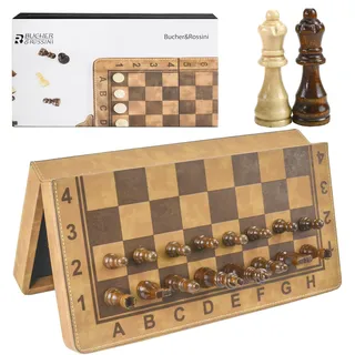 Faltbares magnetisches Schachspiel Pu Leder Schach Dame Backgammon Spiel Holz Schachbrett für Erwachsene Kinder (12 Zoll)