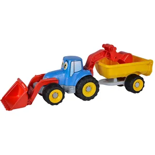 Simba 107134505 - Traktor mit Anhänger, Länge 54cm, Sandkasten, Sandspielzeug, Orange, Blau, Gelb, Schwarz, Grau