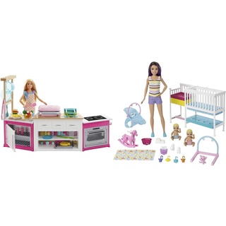 Barbie GWY53 - %22Cooking und Baking%22 Deluxe Küchen-Spielset mit Puppe, Lichtern und Geräuschen & GFL38 - “Skipper Babysitters Inc.” Kinderzimmer Spielset, 2 Babypuppen