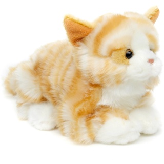 Uni-Toys Kuscheltier Katze mit Stimme (braun-weiß) - 20 cm (Länge) - Plüsch, Plüschtier, zu 100 % recyceltes Füllmaterial braun|weiß