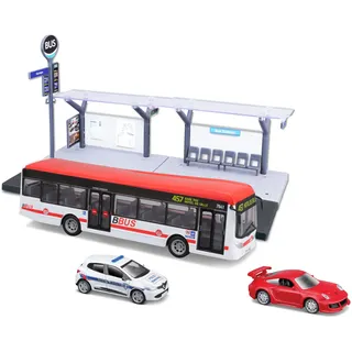 Bburago - 1/64 öffentliche Verkehrsmittel – Playset Bus/Straßenbahn + Station + 2 Fahrzeuge – 1/64.