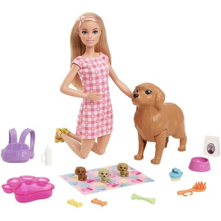 Barbie Newborn Pups Playset, Puppe mit blonden Haaren, Hundeset, inkl. 3 Welpen, 10 Accessoires, Farbwechseleffekte, inkl Puppe, Geschenk für Kinder ab 3 Jahren,HCK75