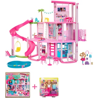 Barbie Bundle Pack - Puppenhaus (HMX10) + Chelsea Puppe (FWV20) Traumvilla Spielset mit 75 Bausteinen und Rutsche über 3 Stockwerken, Haustierlift und Reisehündchen, für Kinder ab 3 Jahren