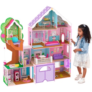 KidKraft Treehouse Retreat Puppenhaus aus Holz mit Möbeln und Zubehör für 30 cm Puppen, Spielset mit Hund, Aufkleber, Baumhaus mit Lichterketten und Garage, Spielzeug für Kinder ab 3 Jahre, 10108