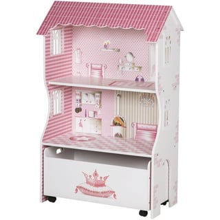 roba Puppenhaus & Spielregal, Spielmöbel & Puppenvilla für Ankleidepuppen inkl. Aufbewahrungsbox f. Spielzeug, rosa