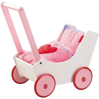 Haba 950 - Puppenwagen Herzen, niedlicher Puppenwagen aus Holz mit mit zweifach verstellbarem Bügel, Matratze, Kissen und Decke, Spielzeug ab 12 Monaten, Rot,weiß,rosa