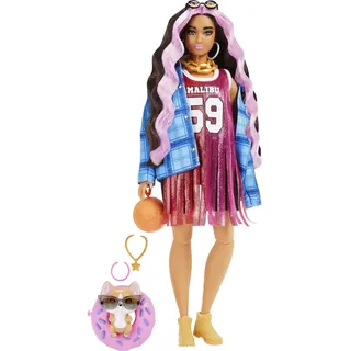 Barbie HDJ46 - Extra Puppe in Basketball Trikot Kleid & Zubehör, mit Haustier Corgi, extra langes gekräuseltes Haar mit rosa Strähnen & Flexible Gelenke, Spielzeug Geschenk für Kinder ab 3 Jahren