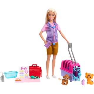BARBIE Tierrettungsspielset - Barbie-Puppe mit Tiger und Äffchen, Transportbox mit funktionierender Tür und Griff, Zubehör für Geschichtenerzählen, abenteuerlicher Rollenspielspaß, HRG50