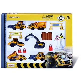 Maisto Volvo Baufahrzeuge: Spielzeugautos im 6er-Pack, mit Baustellenzubehör, wie Pylonen und Schilder, 8 cm (512376)