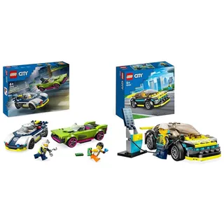 LEGO City Verfolgungsjagd mit Polizeiauto und Muscle Car & City Elektro-Sportwagen Set, Rennwagen mit Minifigur, Spielzeugauto für Jungen und Mädchen ab 5 Jahren, Geschenk zum Geburtstag 60383