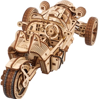 UGEARS Dreiradfahrzeug UGR-S - 3D Holzpuzzle Motorrad - Auto 3D Puzzle Modellbausatz für Erwachsene - 3D Motorrad Holzpuzzle - Magicholz Motorrad Modell mit funktionsfähiger Lenkung und Federmotor