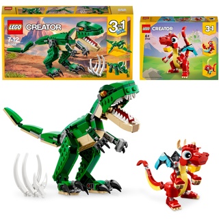 LEGO Creator 3in1 Tier-Bundle: Mächtige Dinosaurier (31058) & Roter Drache (31145), Spielzeug mit Phoenix, Triceratops, Pterodactylus, T-Rex & Fischfiguren, Geschenk für Jungen & Mädchen ab 6 Jahren